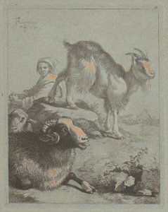 Sitzende Schäferin, ein Widder, ein Schaf und eine Ziege