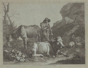 Hirte ruht sich auf einem Gehstock mit einem alten Pferd und einem liegenden Stier aus von Francesco Londonio
