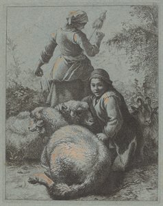 Spinnerin und ein Hirte mit Herde