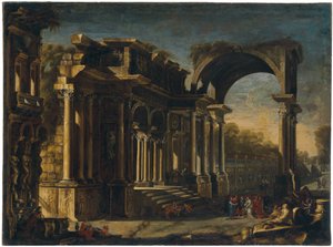 Capriccio mit römischen Ruinen und Christus mit der Ehebrecherin von Francesco Maglioli