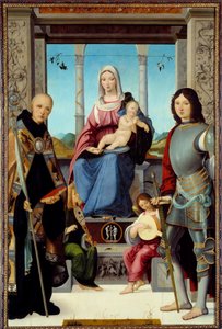 Die Jungfrau und das Kind, umgeben von St. Benedikt von Nursia und St. Quentin mit zwei Engeln von Francesco Marmitta