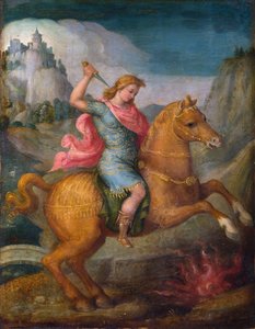Marcus Curtius - Der tapfere Marcus Curtius, römischer Bürger, opfert sich den römischen Göttern, indem er sich 362 v. Chr. in eine Schlucht im Forum stürzt von Francesco Ubertini Verdi Bachiacca
