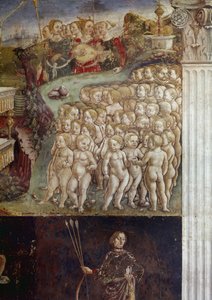 Allegorie des Monats Mai, Detail des Triumphs von Apollo, nackte Kinder und neun Musen (Detail) Fresko von Francesco del Cossa, Ferrara, Palazzo Schifanoia, Salone dei Mesi