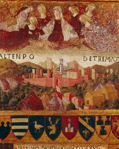 Ex Voto: Die Jungfrau Maria schützt die Stadt Siena zur Zeit der Erdbeben von 1466-1467 (Detail) von Francesco di Giorgio Martini