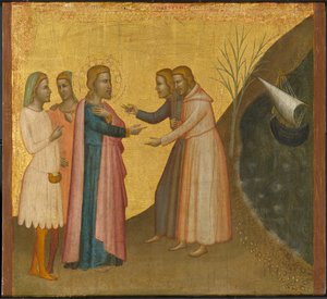 Acteus und Eugenius bitten St. Johannes den Evangelisten, ihren Reichtum wiederherzustellen, ca. 1370-1380