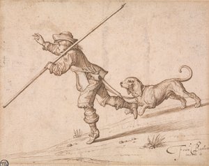 Mann jagt mit einem spitzen Stab und einem Hund von Francis Barlow