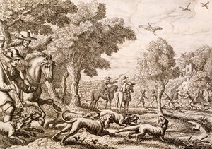 Otterjagd an einem Fluss, graviert von Wenceslaus Hollar, 1671