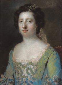 Porträt von Mrs. Bridget Gunning, halbfigurig, in einem blauen Rüschkleid, 1758 von Francis Cotes