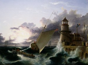 Boot bei einem Leuchtturm, ein Sturm zieht ab