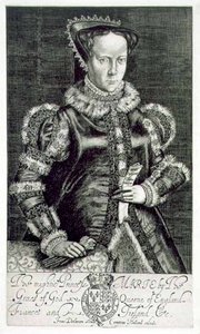 Porträt von Maria I. (1516-58) mit der Bittschrift von Thomas Hongar, graviert vom Künstler, veröffentlicht von Compton Holland