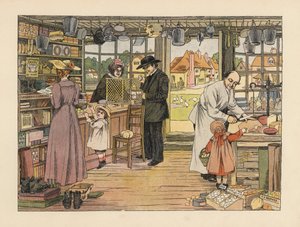 Viktorianische Kunden kaufen Schinken, Bücher und Postanweisungen im Dorfladen. Chromolithographie nach einer Illustration von Francis Donkin Bedford aus Edward Verrall Lucas