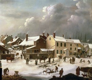 Winterszene in Brooklyn, Detail einer Straße und des Postamts, ca. 1817-20 (Detail)