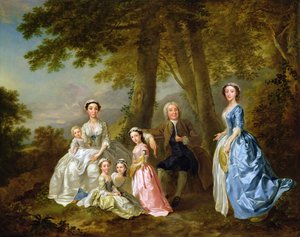 Samuel Richardson sitzt mit seiner zweiten Familie