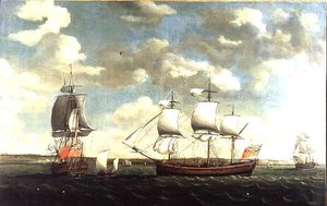 Porträt eines Ostindienfahrers in drei Positionen vor Portsmouth