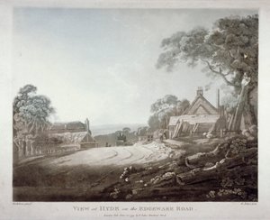Eine Pferdekutsche verschwindet über einen Hügel auf der Edgware Road, London (1799)