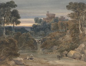 Landschaft mit Schloss, Wasserfall und Bach im Vordergrund