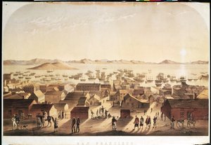 Eine Gesamtansicht von San Francisco, veröffentlicht von M und N Hanhart, ca. 1850-52 von Francis Samuel Marryat