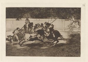 El esforzado Rendon picando un toro, de cuya suerte murió en la plaza de Madrid (Der kraftvolle Rendon sticht einen Stier mit der Pique, an dessen Folge er in der Arena von Madrid starb), Platte 28 aus La tauromaquia