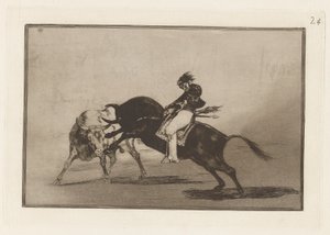 Der gleiche Ceballos auf einem anderen Stier bricht kurze Speere im Ring von Madrid, Platte 24 aus La tauromaquia von Francisco de Goya