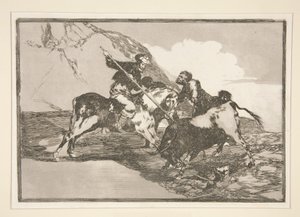 Die Art und Weise, wie die alten Spanier Stiere zu Pferd auf freiem Feld jagten, pl. 1 aus der Serie La tauromaquia von Francisco de Goya