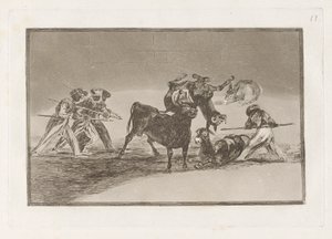 Die Mauren benutzen Esel als Barriere, um sich gegen den Stier zu verteidigen, dessen Hörner mit Kugeln versehen sind, Platte 17 aus La tauromaquia von Francisco de Goya