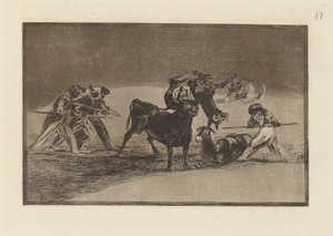 Die Mauren benutzen Esel als Barriere, um sich gegen den Stier zu verteidigen, dessen Hörner mit Kugeln versehen sind, Platte 17 aus La tauromaquia von Francisco de Goya