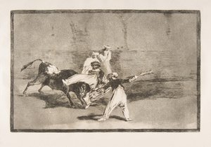 Tafel 8 der Tauromaquia: Ein Maure wird im Ring vom Stier gefangen, 1816