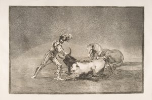 Platte 9 der Tauromaquia: Ein spanischer Ritter tötet den Stier, nachdem er sein Pferd verloren hat., 1816 von Francisco de Goya