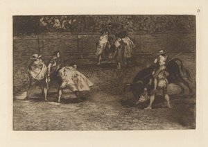 Ein Torero auf den Schultern eines Chulos