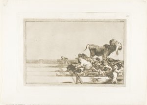 Schreckliche Ereignisse in den vorderen Reihen des Rings in Madrid und Tod des Bürgermeisters von Torrejón, Platte 21 aus Die Kunst des Stierkampfs von Francisco Jose de Goya y Lucientes
