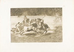 Der kraftvolle Rendón sticht einen Stier mit der Pique, aus der er im Ring in Madrid starb, Platte 28 aus Die Kunst des Stierkampfs von Francisco Jose de Goya y Lucientes