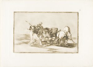 Die Mauren hatten sich in Spanien niedergelassen, gaben die Aberglauben des Korans auf, übernahmen diese Jagdkunst und spießen einen Stier im Freien auf, Platte drei aus Die Kunst des Stierkampfs von Francisco Jose de Goya y Lucientes