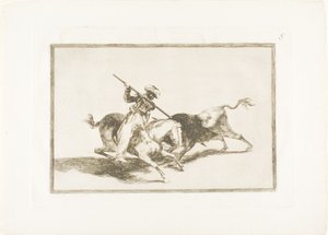 Der temperamentvolle Maure Gazul ist der Erste, der Stiere nach Regeln spießt, Platte fünf aus Die Kunst des Stierkampfs