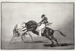 Der gleiche Mariano Ceballos, auf einem Stier reitend, bricht kurze Speere im Ring in Madrid, Platte 24 aus 