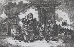 Tafel 19: eine Familie und ein Junge spielen mit einem Hund vor einem Haus, aus der Serie der Bräuche von Francisco Lameyer Berenguer