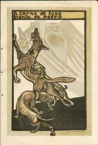 Illustration von Francisco Sancha Lengo (1874-1936) - Flugblatt, circa 1915 - A carne de lobo diente de perro - Krieg von 14-18, Deutschland Preußen, England Großbritannien, Kriegsteilnehmer und Symbole, Frankreich, Spanische Sprache, Ausländische Presse -