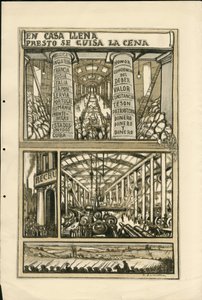 Illustration von Francisco Sancha Lengo (1874-1936) - Flugblatt, ca. 1915 - En casa llena presto se guisa la cena - Krieg von 14-18, Kanonen, Granaten, Industrielle Fabriken, Spanische Sprache, Mobilisierung, Ausländische Presse von Francisco Sancha y Lengo