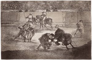 Stierkampf: Ein Stierkämpfer betritt die Arena, um den Stier mit einem Hut anstelle der Muleta zu töten