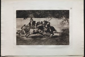 Stierkämpfe: Der kraftvolle Rendon sticht einen Stier mit der Lanze, an der er in der Arena in Madrid starb von Francisco de Goya