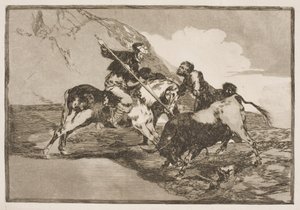 Die Art und Weise, wie die alten Spanier zu Pferd Stiere auf der Ebene jagten