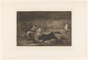 Mann zu Pferd sticht seinen Speer in einen Stier von Francisco de Goya