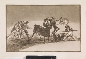 Die Mauren benutzen Esel als Barriere, um sich gegen den Stier zu verteidigen, dessen Hörner mit Kugeln versehen sind von Francisco de Goya