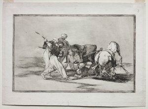 Die Mauren siedelten sich in Spanien an, gaben die Aberglauben des Korans auf, nahmen diese Jagdkunst an und spießten einen Stier im Freien auf von Francisco de Goya