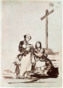 Frauen und Kinder in der Nähe eines Kreuzes (Gravur)