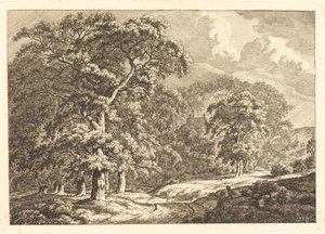 Wald mit Reisenden an einer Straße