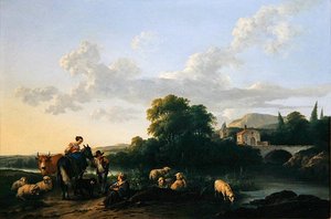 Bauern und Vieh in einer italienischen Landschaft