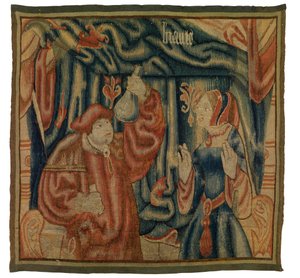 Wandteppichfragment, das ein Interieur mit Arzt und Frau darstellt, Beaute, französisch oder flämisch, hergestellt im frühen 16. Jahrhundert