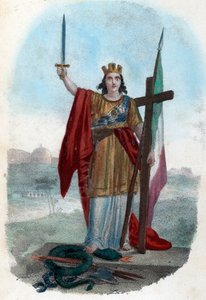 Risorgimento: Allegorische Darstellung des triumphierenden Italiens, das auf der Schlange der korrupten Kirche steht und ein Schwert mit einem Kreuz und einer Fahne erhebt, Symbole des politischen, religiösen und zivilen Risorgimento. Frontispiz aus „I mis von Franco Mistrali