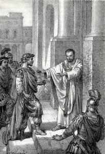 Der Erzbischof Heiliger Ambrosius von Mailand verbot dem römischen Kaiser Theodosius I den Eintritt in die Kirche, um ihn für das Massaker von Thessaloniki im Jahr 390 zu bestrafen - Exkommunikation
