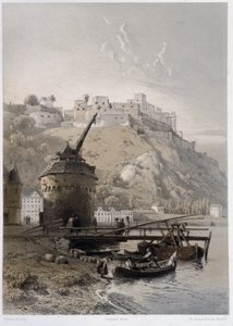 Schloss Saint Coar und Rheinfelds. In „The monumental and picturesque Rhine“. Lithographien von Fourmais und Stroobant